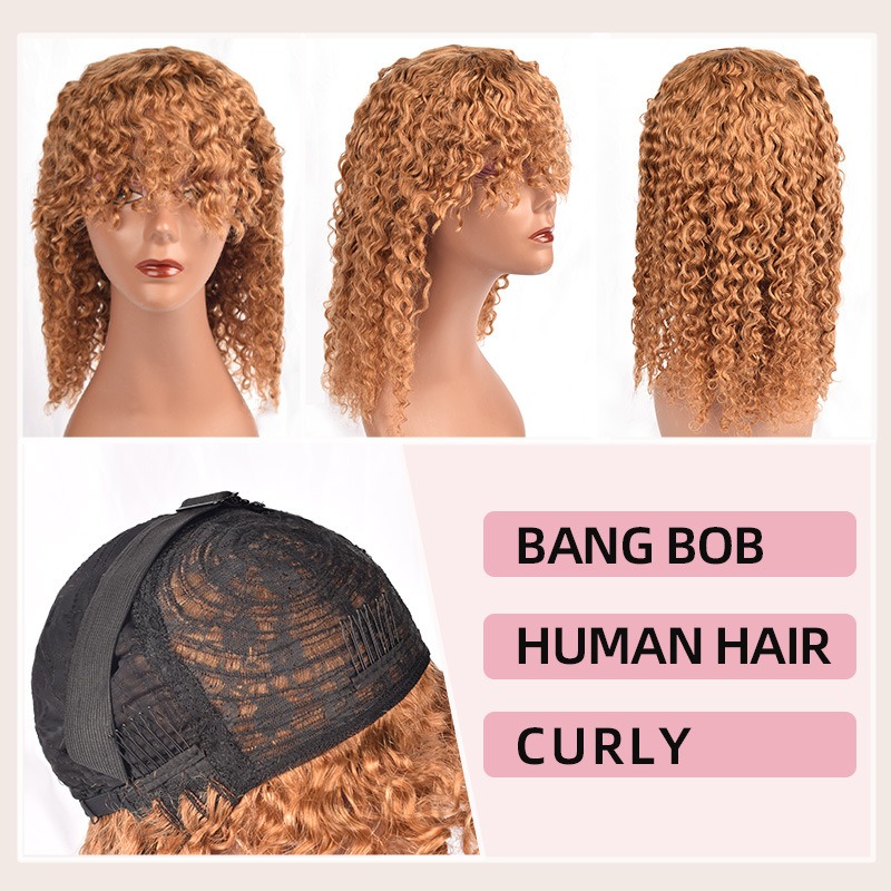 Achieve volume and style with our high-density 200 human hair bang BOB wig, featuring stunning curly textures for a chic appearance